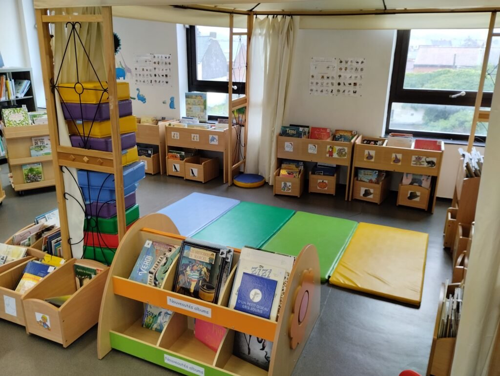 Photo de quelques bacs de rangements pour les albums de la section jeunesse de Quaregnon
